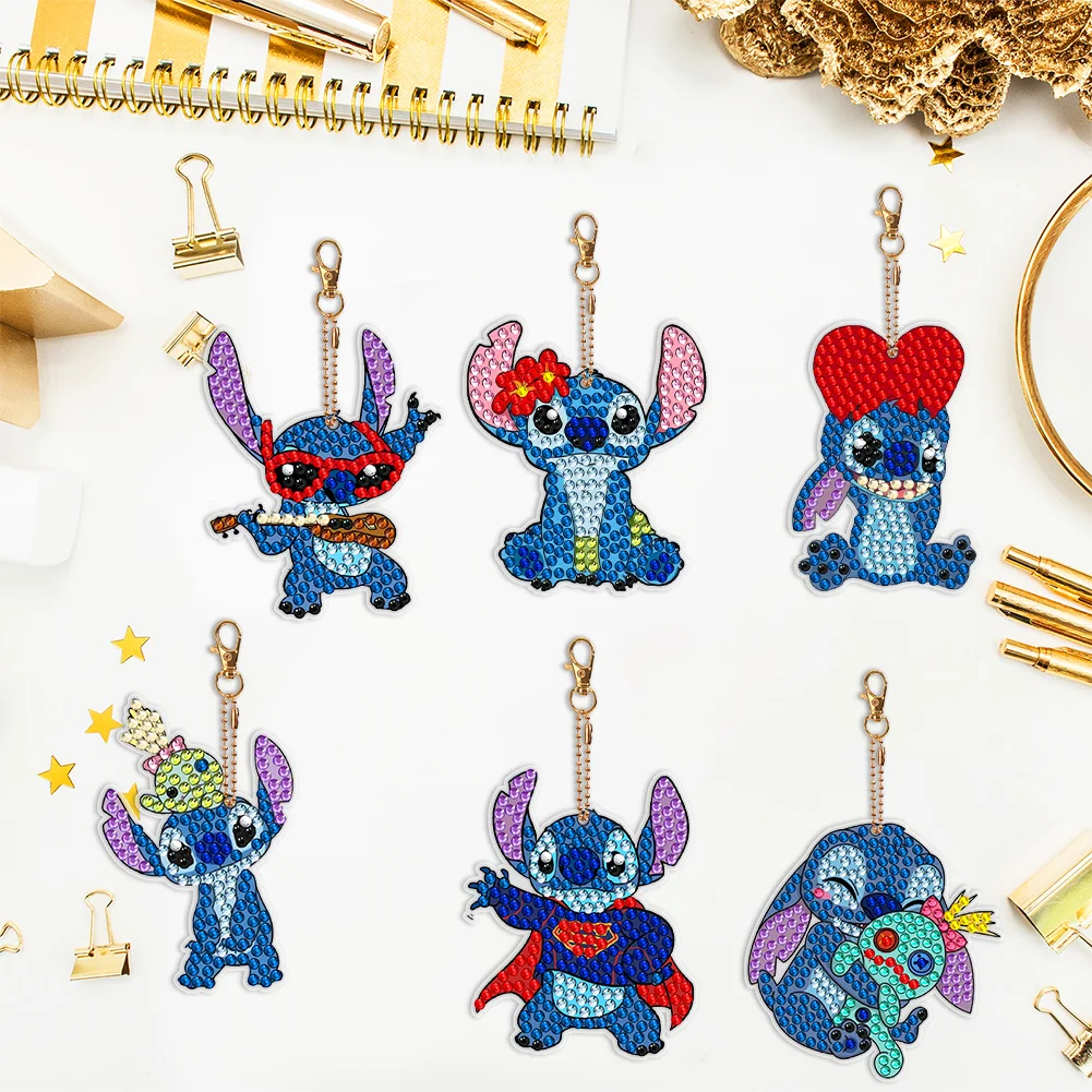 6pcs DIY Stitch Diamond Keychains Pendant Double Sided Diamond Art Keychains