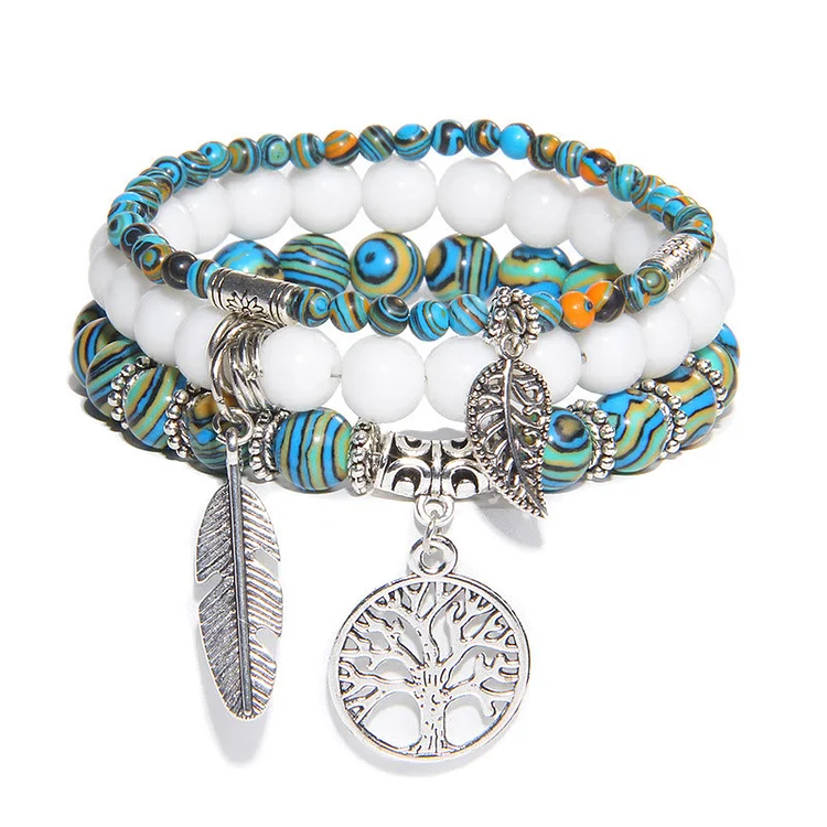 Olivenorma "Nature's Healing Moments" Blue Malachite Tree Of Life 3 Pieces Bracelet Set 