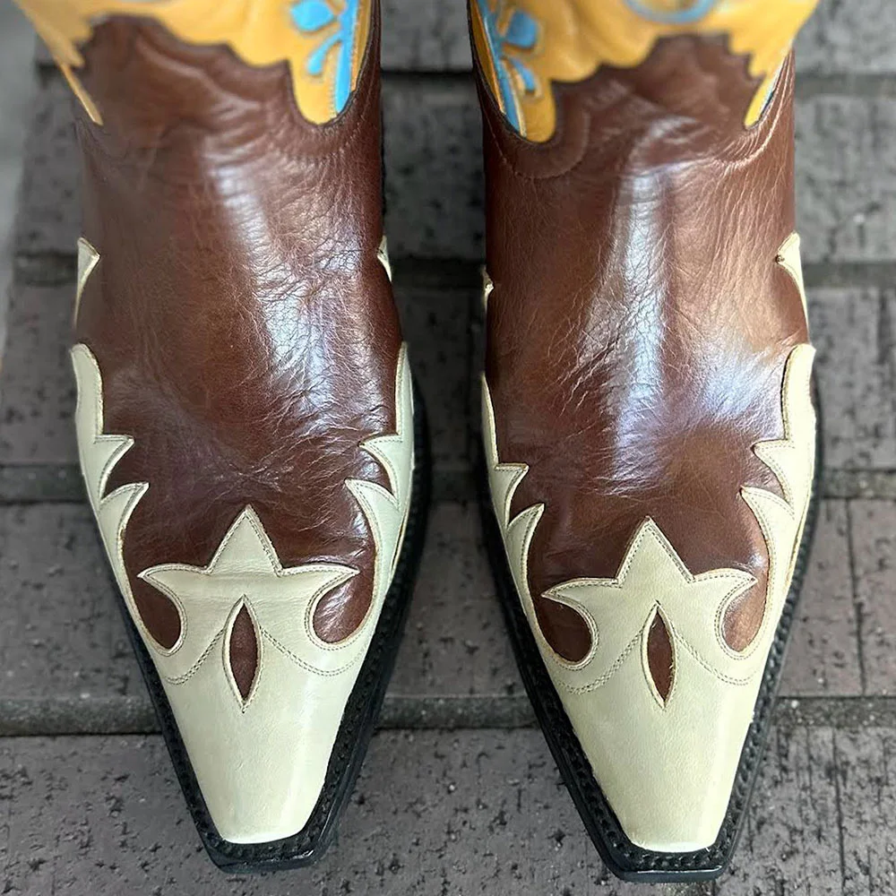 Multicolor Snip Toe Chunky Heel Flower Inlay Western Boots for Women