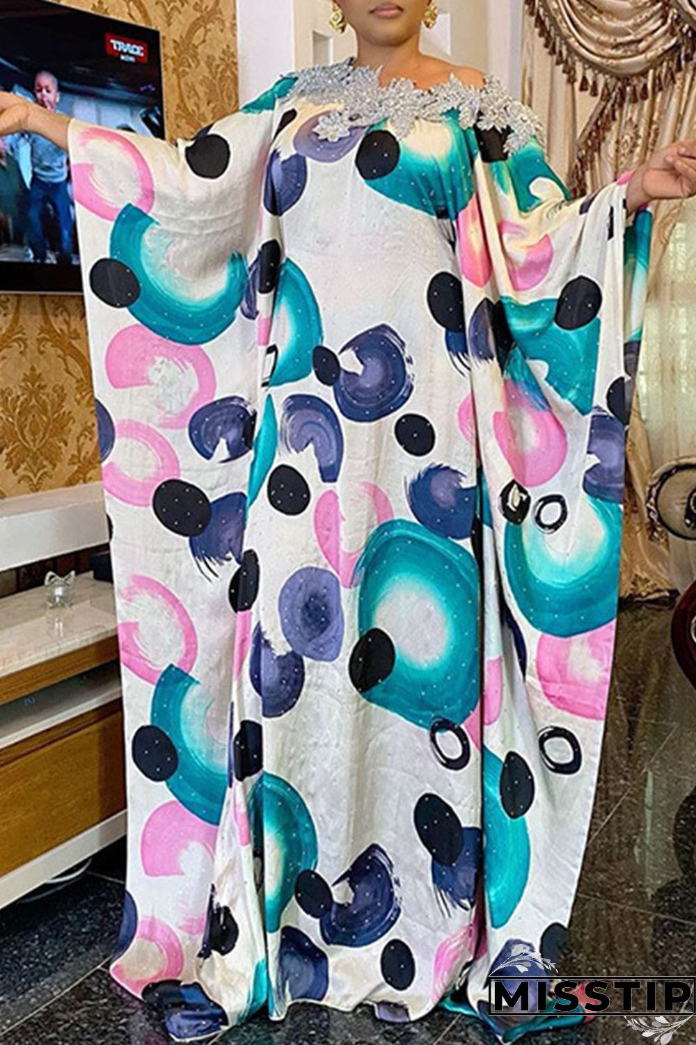 Multicolor Casual Print Patchwork Appliques O Neck Straight Plus Size Dresses