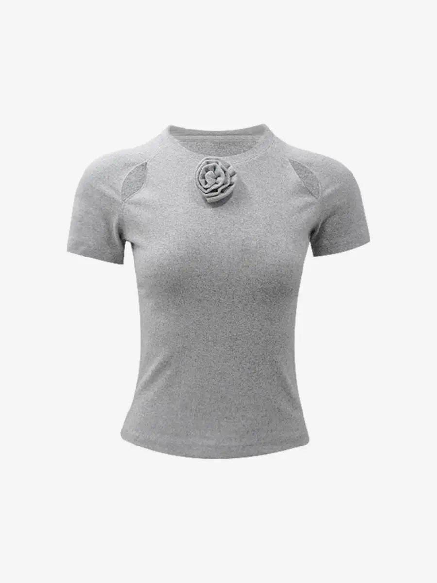 Round Neck Short Sleeve Three-Dimensional Flower T-Shirt