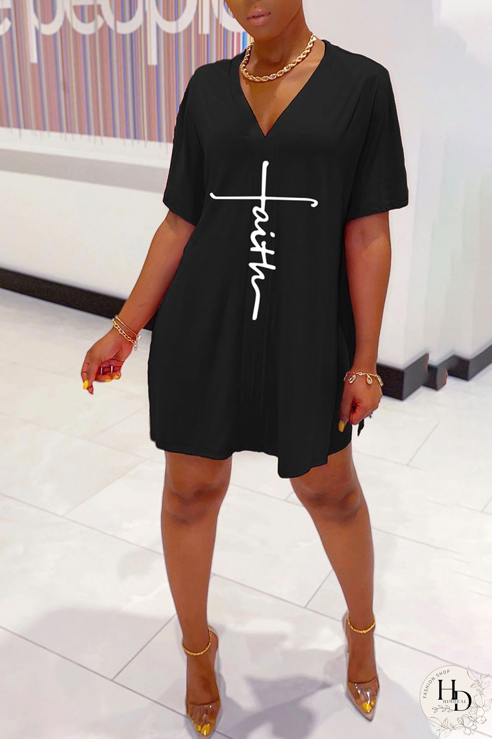 Black Casual Print Split Joint V Neck Short Sleeve Two Pieces