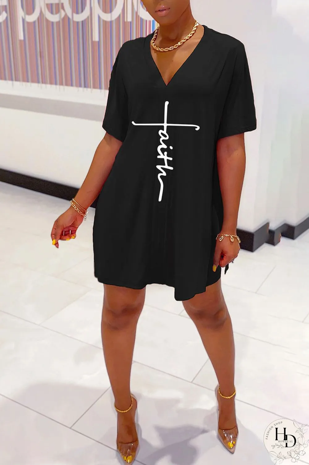 Black Casual Print Split Joint V Neck Short Sleeve Two Pieces