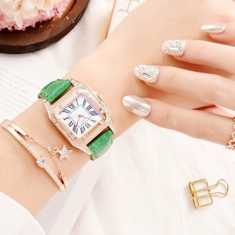 TikTok Internet Popular Women’s Watch Fashionable Square Case Women’s Quartz Watch Square Diamond Belt Small Square Watch Set Wristwatch
