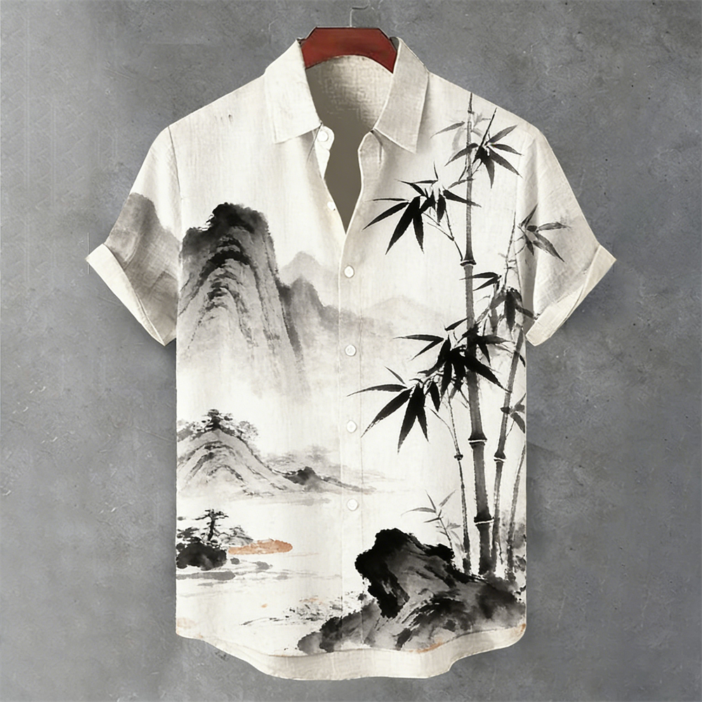 Japanese Ink Landscape Pattern Men's Linen Short Sleeve Shirt  artssus