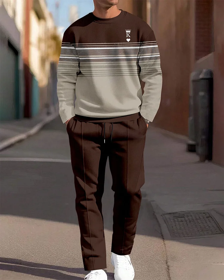 Men's Simple Brown And White Striped Letter Printed Round Neck Sweatshirt Two-Piece Sweatpants Set