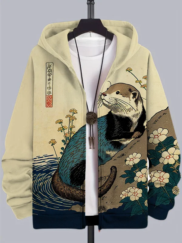 Men's Floral Otter Water Japanese Art Print Hooded Zip Up Jacket