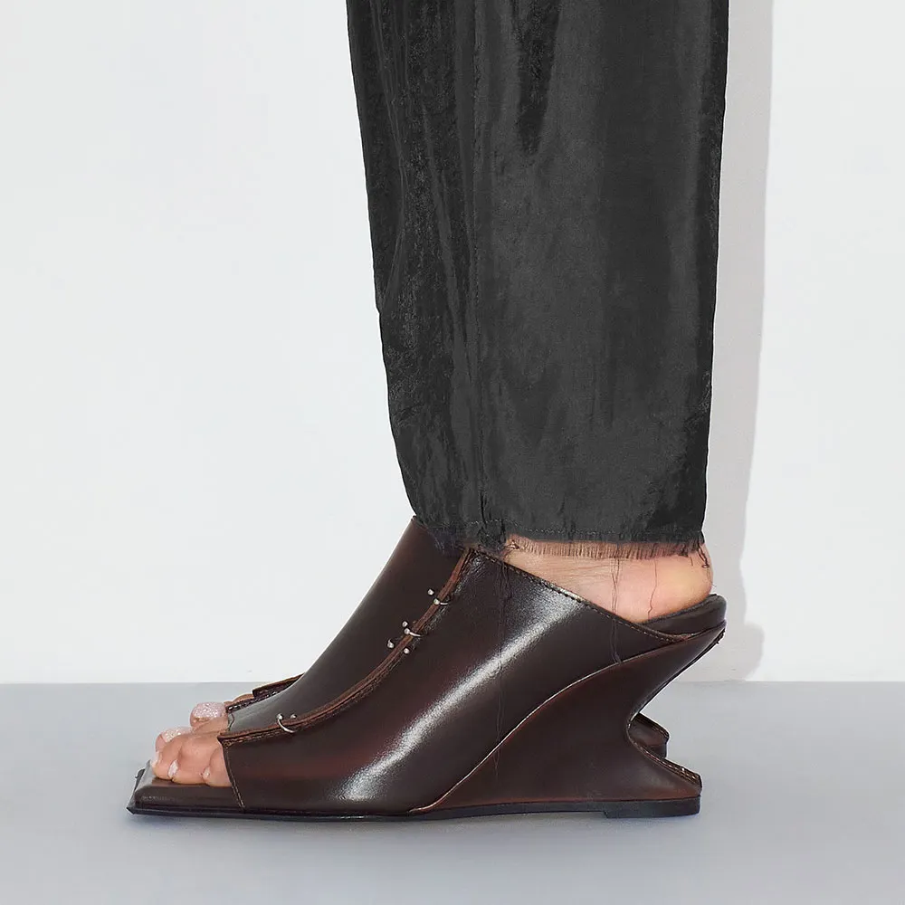Distressed Brown Wedge Heel Mules Sandals with Silver Piercings