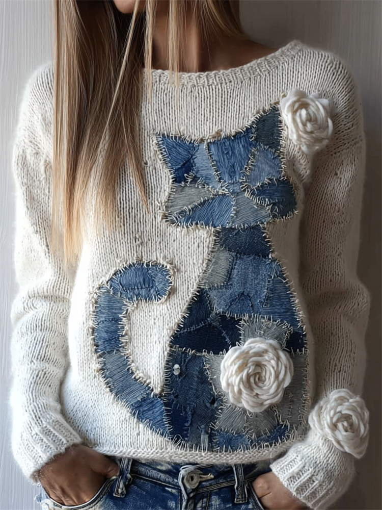 Cat Denim Patchwork White Roses Cozy Knit Sweater
