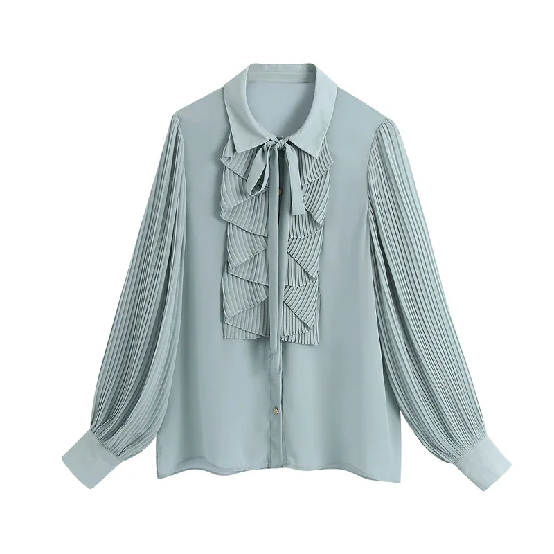 Jangj Snican pleated sleeve cascading ruffle bow tie office ladies blouse chic fashion female tops women camisas femininas Chiffon New