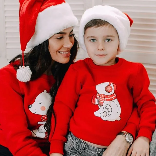 Christmas Bear Print Long Sleeve Hoodie Matching Family Sweatshirt
