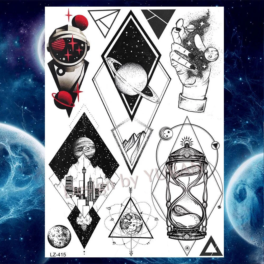 Tribal Forest Animals Black Galaxy Triangle Wolf Animals Temporary Tattoo Stickers Women Men Deer Tatoo Waterproof Arm Tattoos