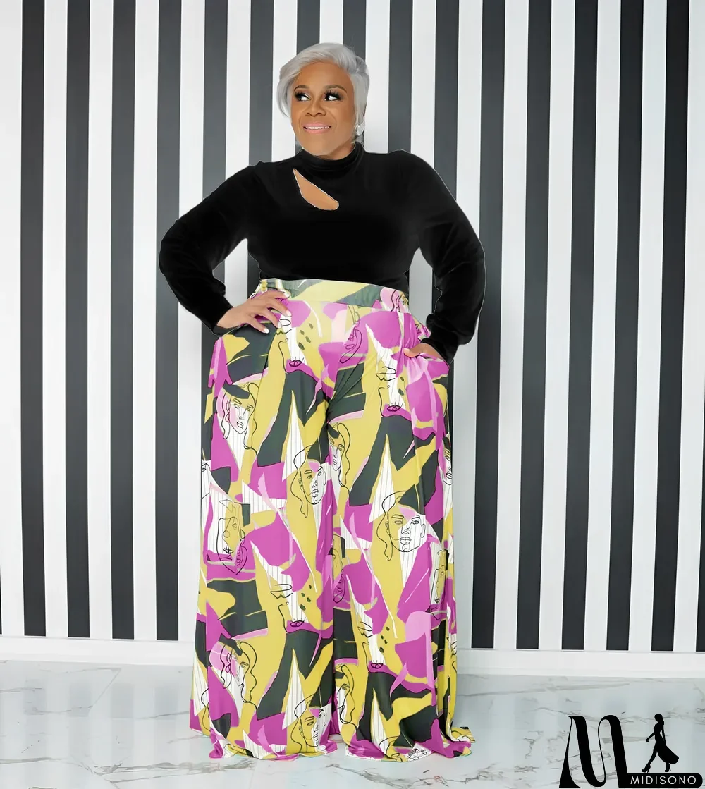 MidiSono - Casual Women'S Cutout Long Sleeve Top Pocket Print Wide Leg Pants Plus Size Fashion Casual Two Piece Pants Set