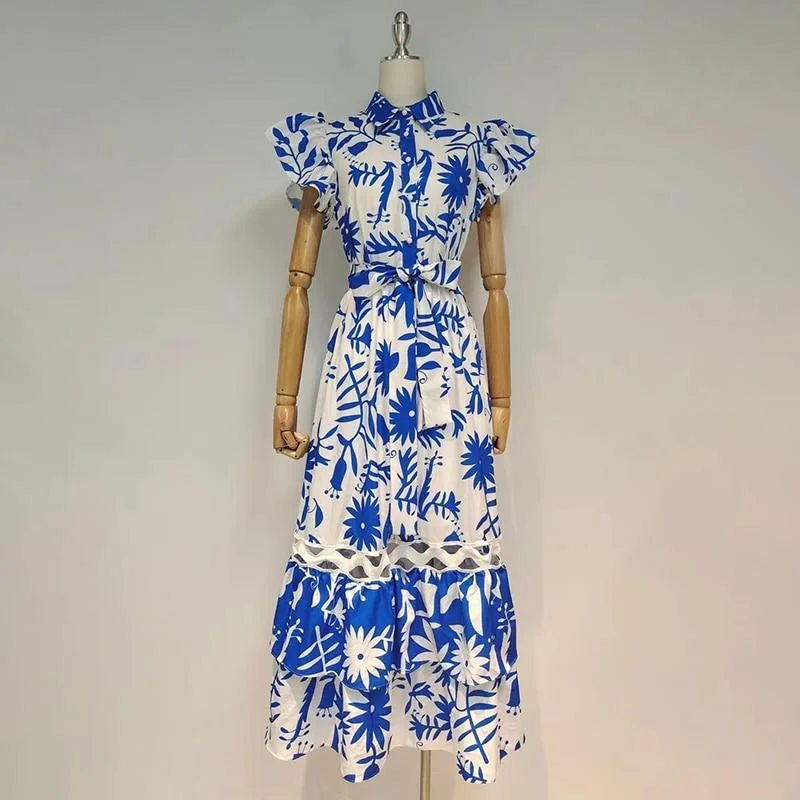 ABEBEY Bowknot Print Vintage Dress For Women Stand Collar Flying Sleeve High Waist Hit Color Mid Dresses Female Summer New