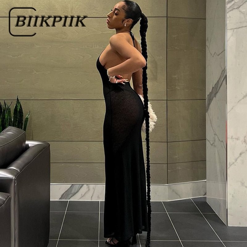BIIKPIIK Elegant Maxi Dresses For Women Partywear Backless Sleeveless Neck-mounted Lace-up Sexy Dress Slim Spring Casual Clothes