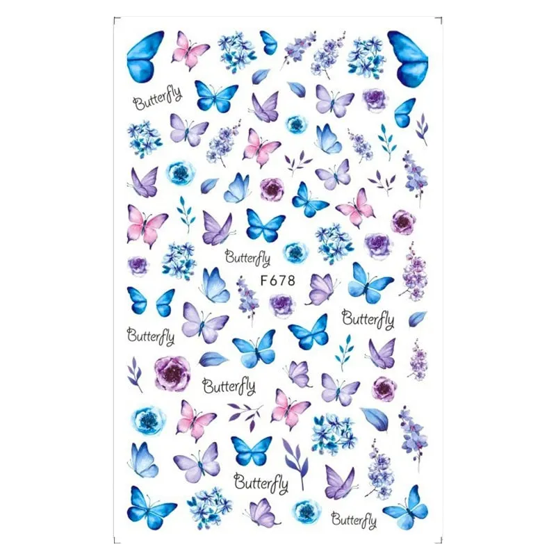Butterfly Stickers Nail Art Blue Butterflies Flowers Rose 3D Adhesive Decals Acrylic Back Glue DIY Nail Manicure Slider Decor-Nail Inspo