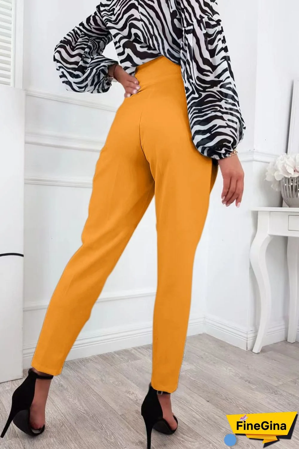 Black Casual Solid Buttons Regular High Waist Conventional Solid Color Trousers