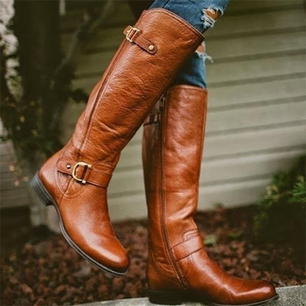 New Fashion Women Shoes Plus Size 34-43 Bottes Femmes Botas Mujer Kvinnoskor Cowgirls Military Combat Buckle Knee High Boots Genuine Leather Low Heel Women Knight Boots - Shop Trendy Women's Clothing | LoverChic