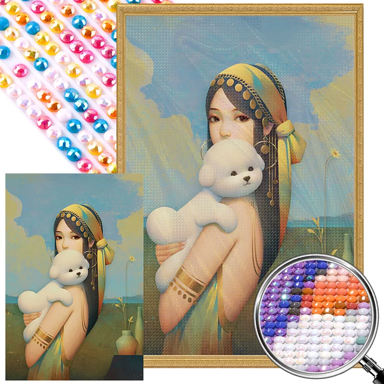 Partial AB Drill - Full Round Diamond Painting - Girl Holding Puppy 40*60CM