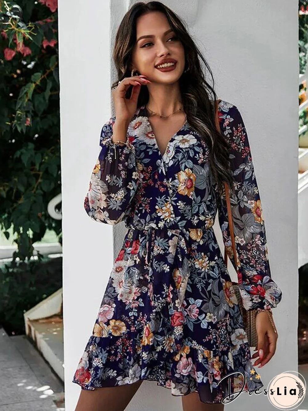 Floral Printed Long Sleeve V Neck Mini Dress