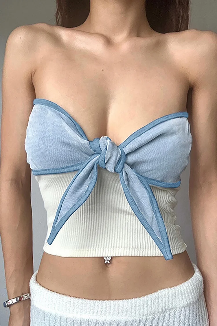 Strapless Colorblock Twisted Tie Up Knot Knit Patchwork Crop Top-Blue