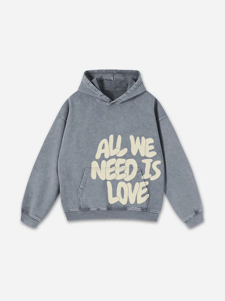 All We Need Is Love Print Graphic Acid Washed Oversized Hoodie