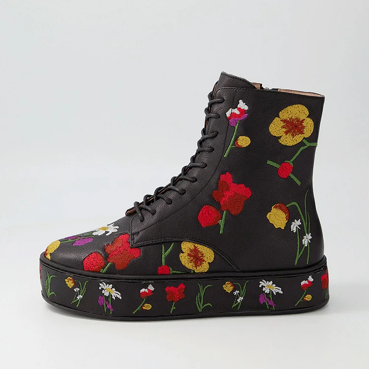 FSJ Black Lace-Up Booties Floral Embroidered Flat Platform Boots |FSJ Shoes
