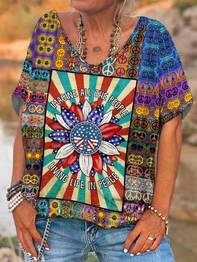 V-neck Hippie Peace Imagine All The People Living Life In Peace Print T-Shirt