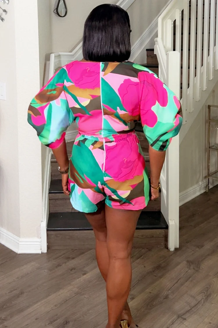 Floral Print Overlap V Neck Bat-Wing Sleeve Romper Playsuit-Green