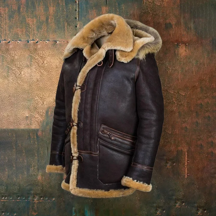 Men's Outdoor Casual Fleece Thickened Hooded Leather Jacket