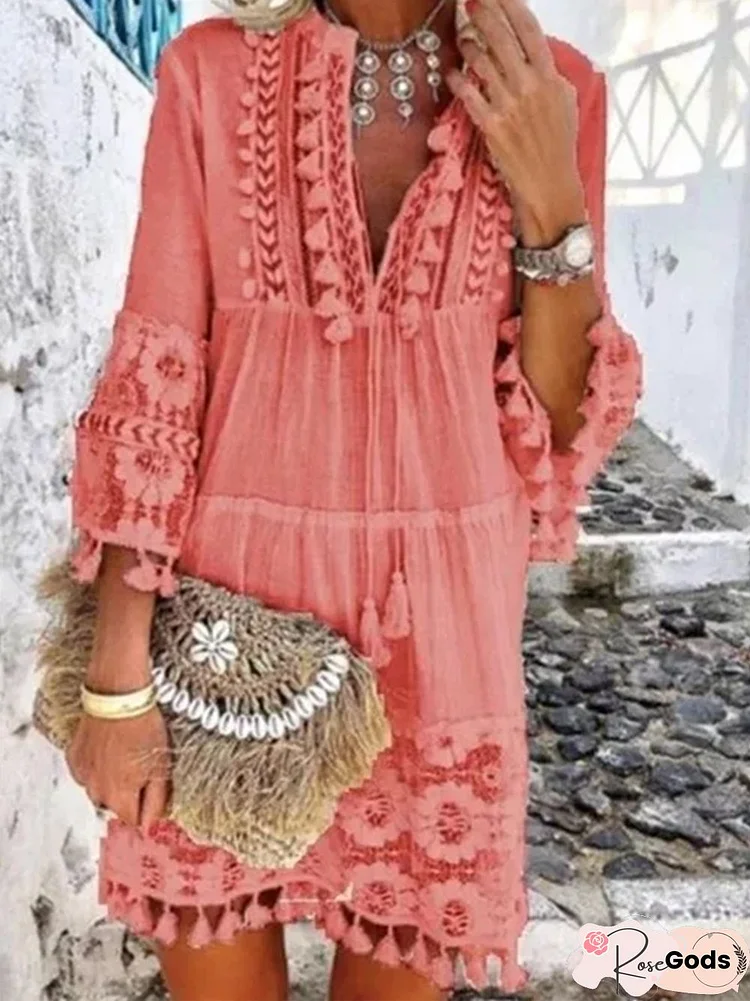 3/4 Sleeve V Neck Holiday Boho Dress