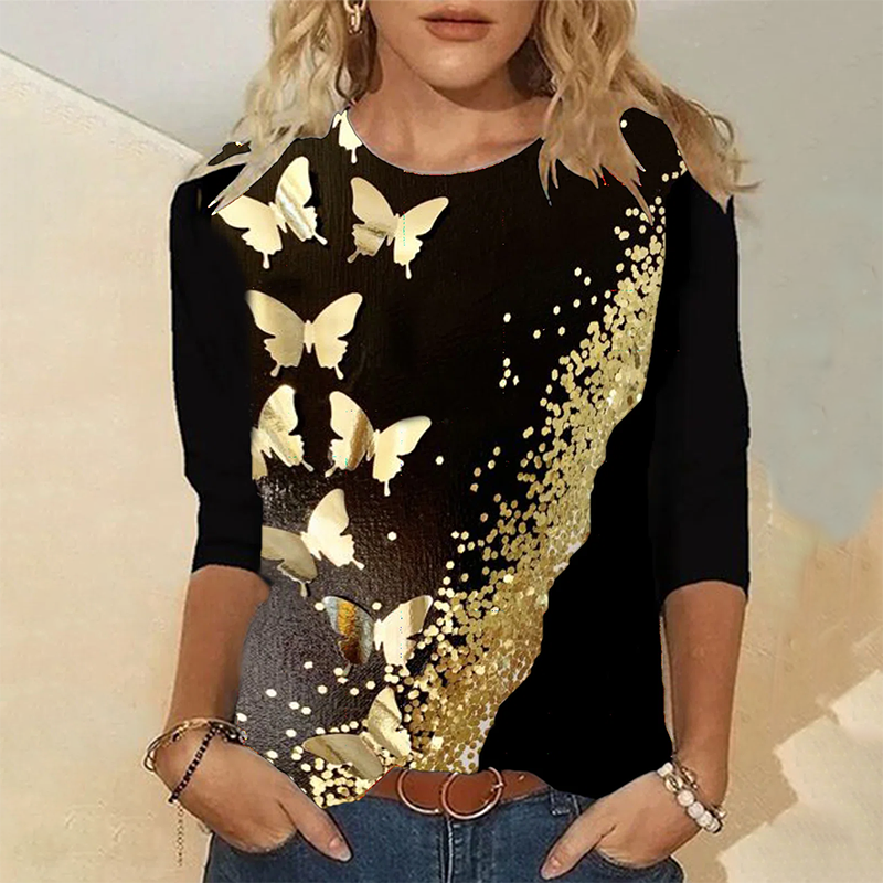 Gold Butterfly Print Women's Casual T-shirt
