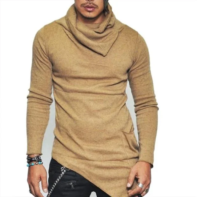 Men's High-Necked Sweaters Irregular Design Top Male Sweater Solid Color Mens Casual Sweater Pullover Sweaters