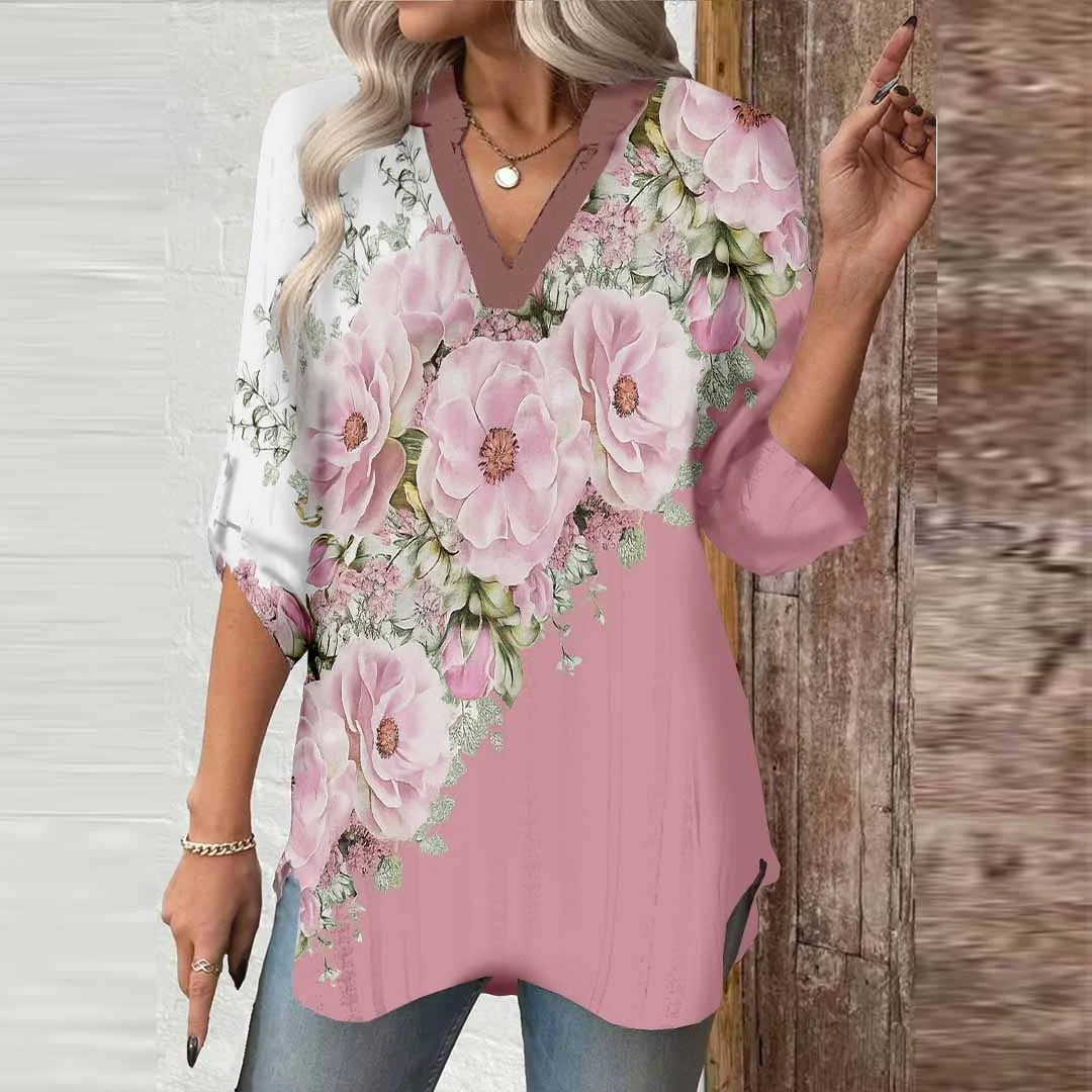 Women Floral,Pink,White DZGA0635 3/4 Sleeve V-neck Printed Graphic Button Tops
