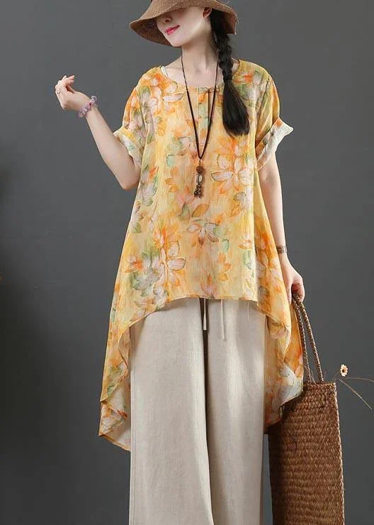 Plus Size Yellow Print Linen low high design Shirt Summer