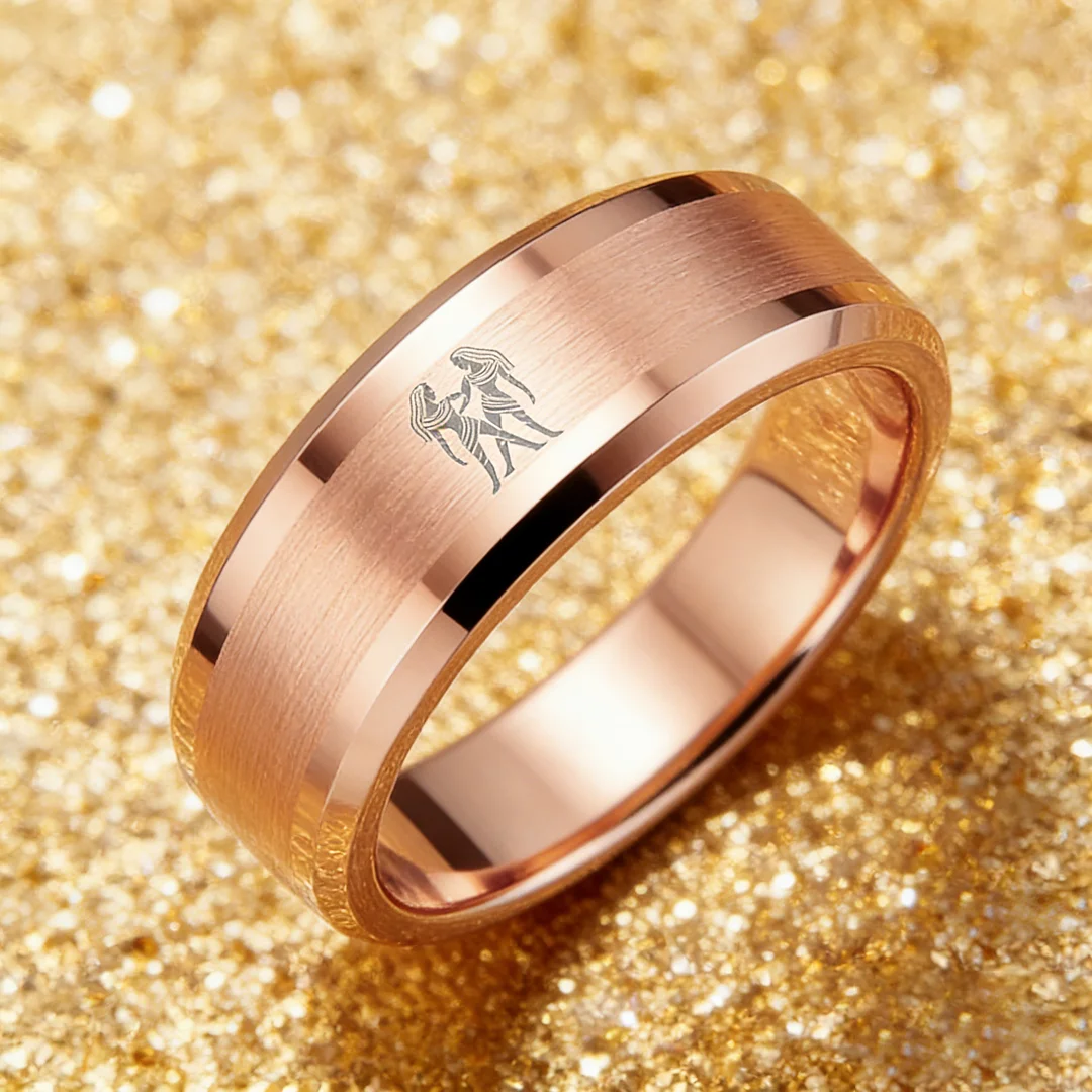 Rose Gold Gemini Tungsten Carbide Ring Beveled Edges Rose Gold Laser Etched Couple Wedding Bands 4MM 6MM 8MM