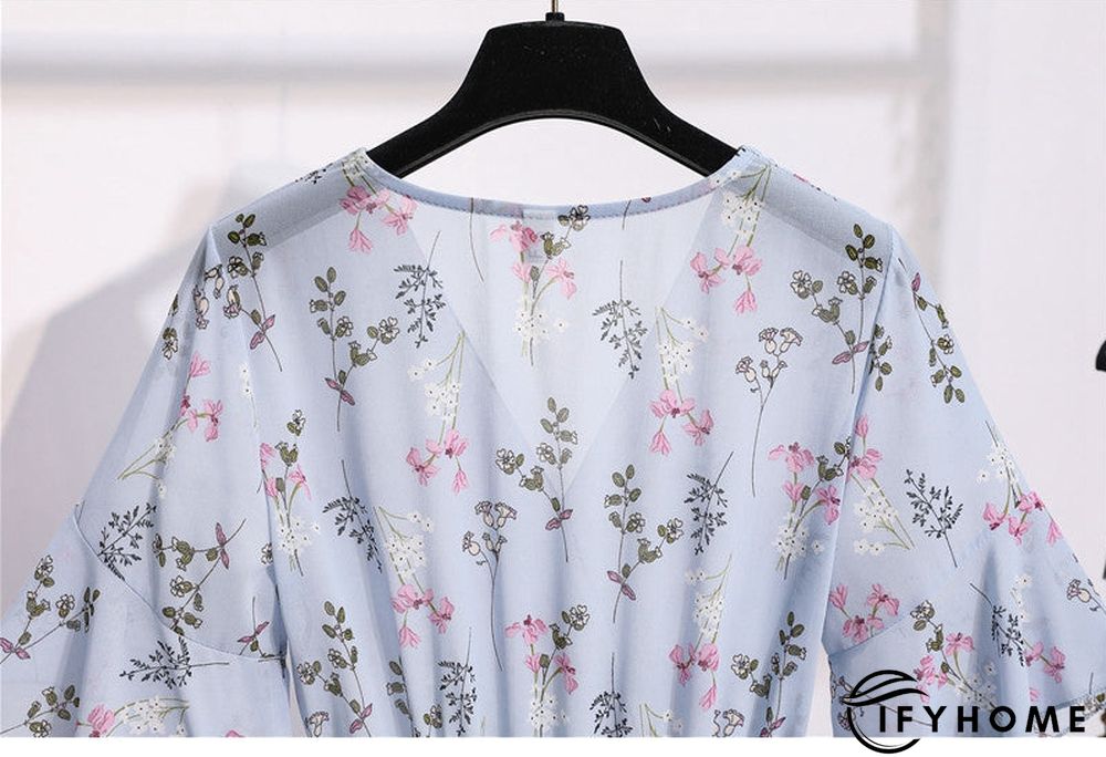 Spring Summer Chiffon Women V-Neck Floral Print Short Dresses Sweet Ruffle Sleeeve Slim Drawstring Ladies Dress | IFYHOME