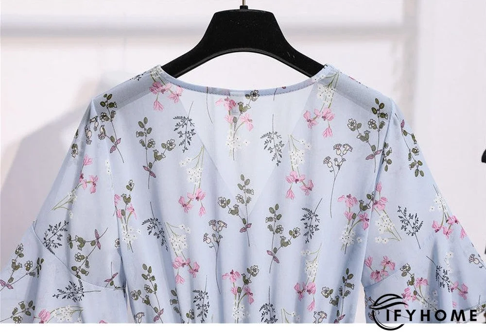 Spring Summer Chiffon Women V-Neck Floral Print Short Dresses Sweet Ruffle Sleeeve Slim Drawstring Ladies Dress | IFYHOME