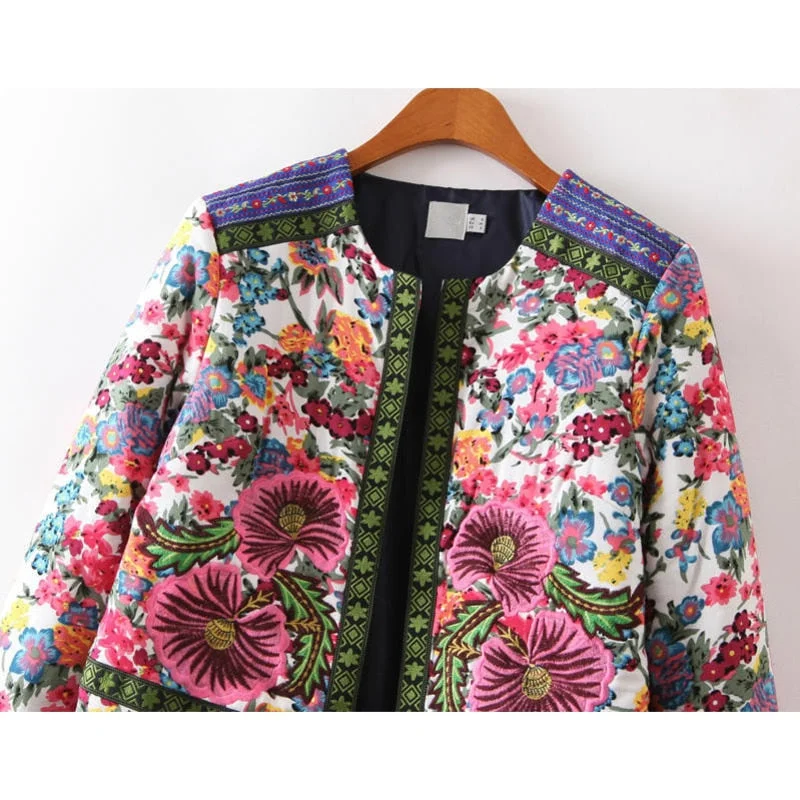 2021 Spring And Autumn New Fashion Embroidery Flower Print Short Design Wadded Jacket Female Casual Coats Vintage Cotton-padded