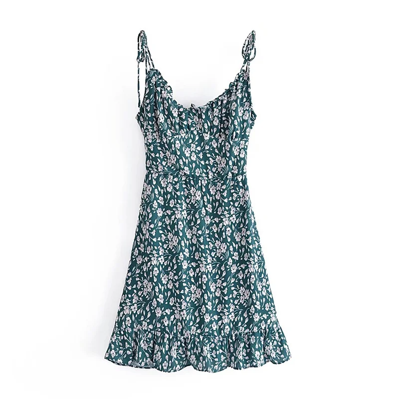 Ueong New Spring Women's Dress Retro Sling Printing Lotus Leaf Edge Slim Waist Lace Dress