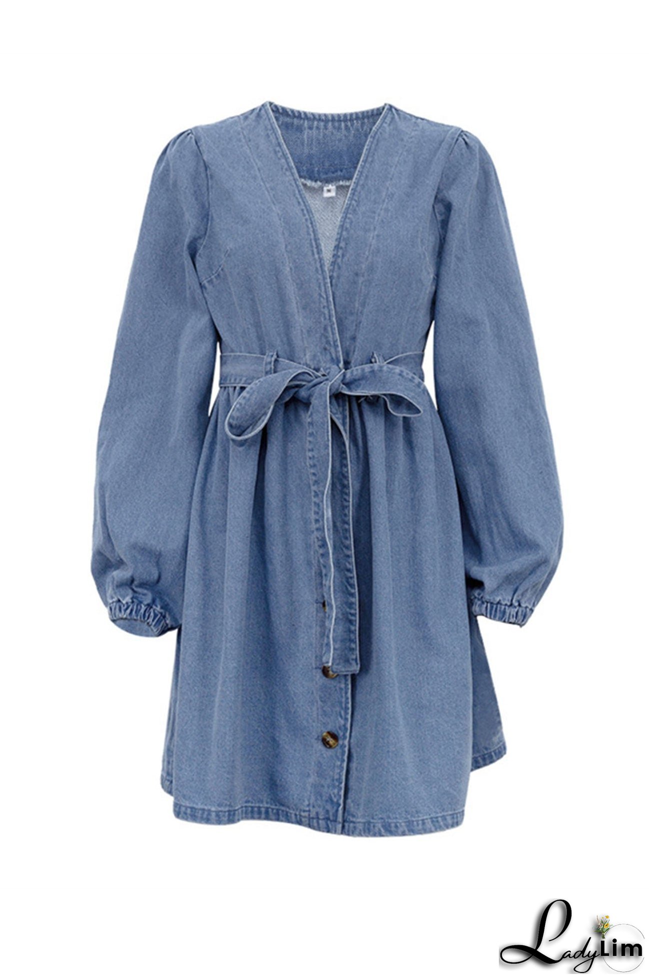 V Neck Button Front Lace Up Denim Dress