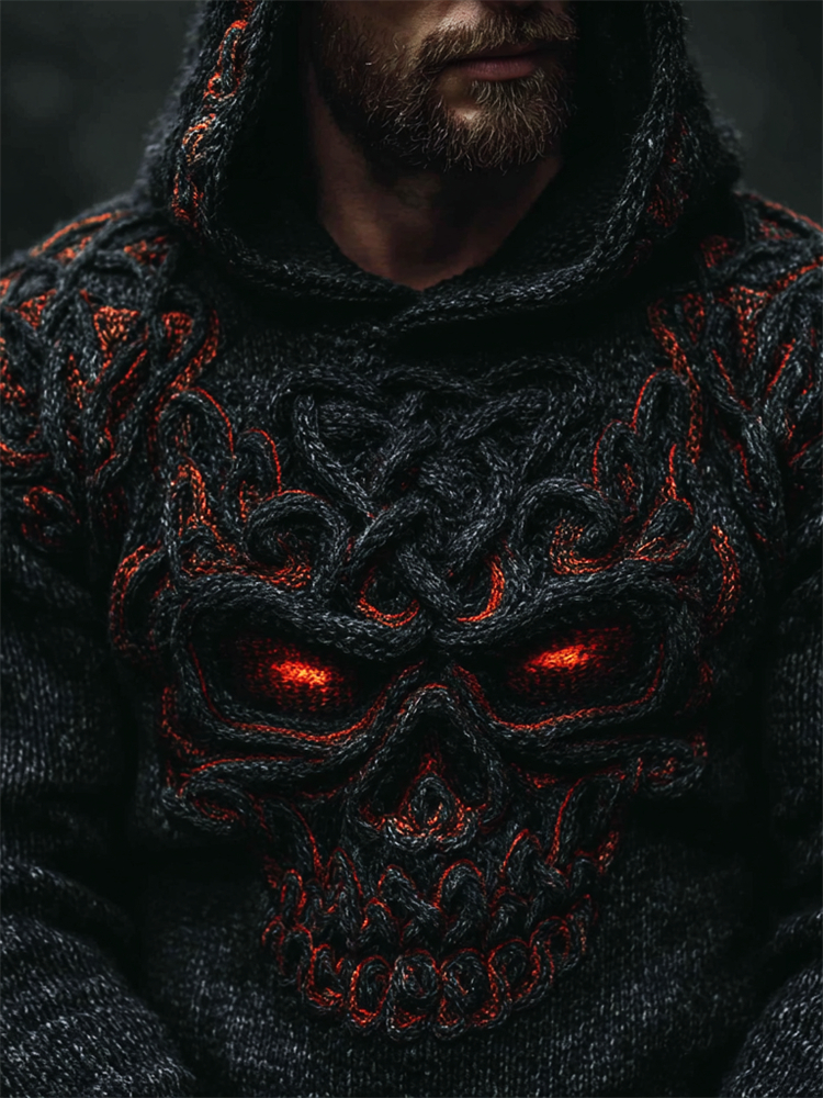 Men's Halloween Skull Celtic Knot Chunky Cozy Knit Hooded Sweater  artssus