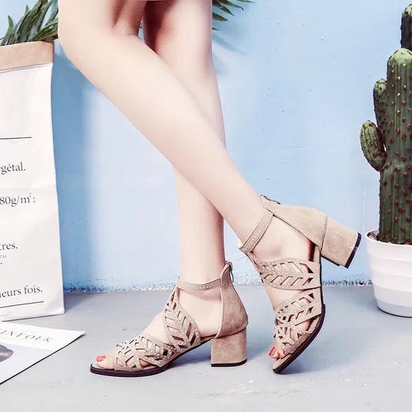 Womens Sandals-Fashionable & Elegant Party Shoes with Zip, Mid Square Cover Heel