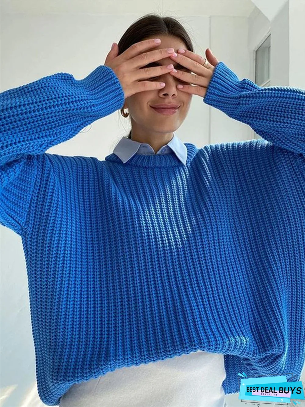 Solid Color Casual Loose Long Sleeve Round Neck Knitting Sweater