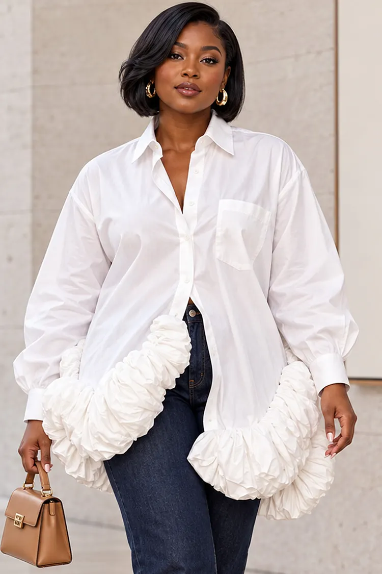 Xpluswear Design Plus Size Business Casual White Shirt Collar Long Sleeve Bubble Asymmetric Hem Irregular Hem Blouses [Pre-Order] 2024 - Xpluswear