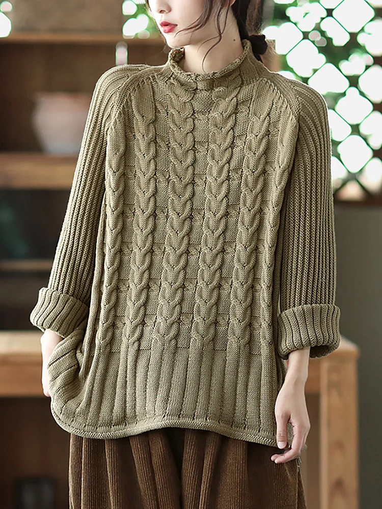 Women Turtleneck Knitted Solid Color Long Sleeve Sweater