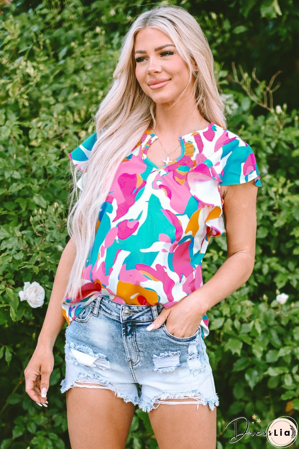 Abstract Print Notched Neck Flutter Sleeve Blouse