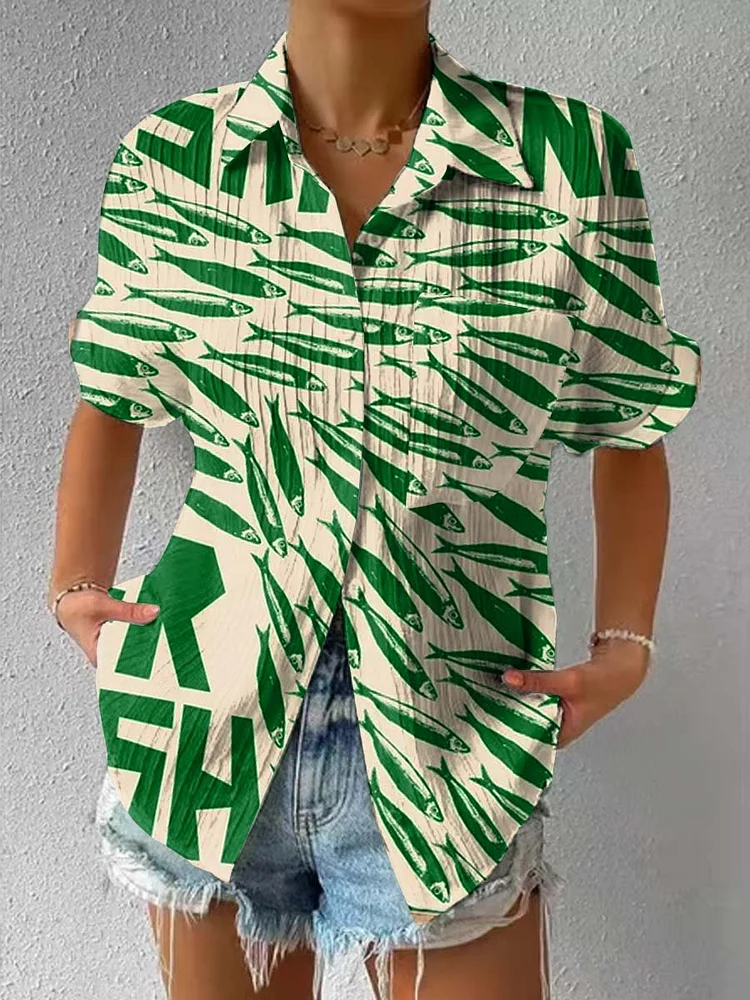 Womens Art Fish Pattern Short Sleeve Textured Shirt