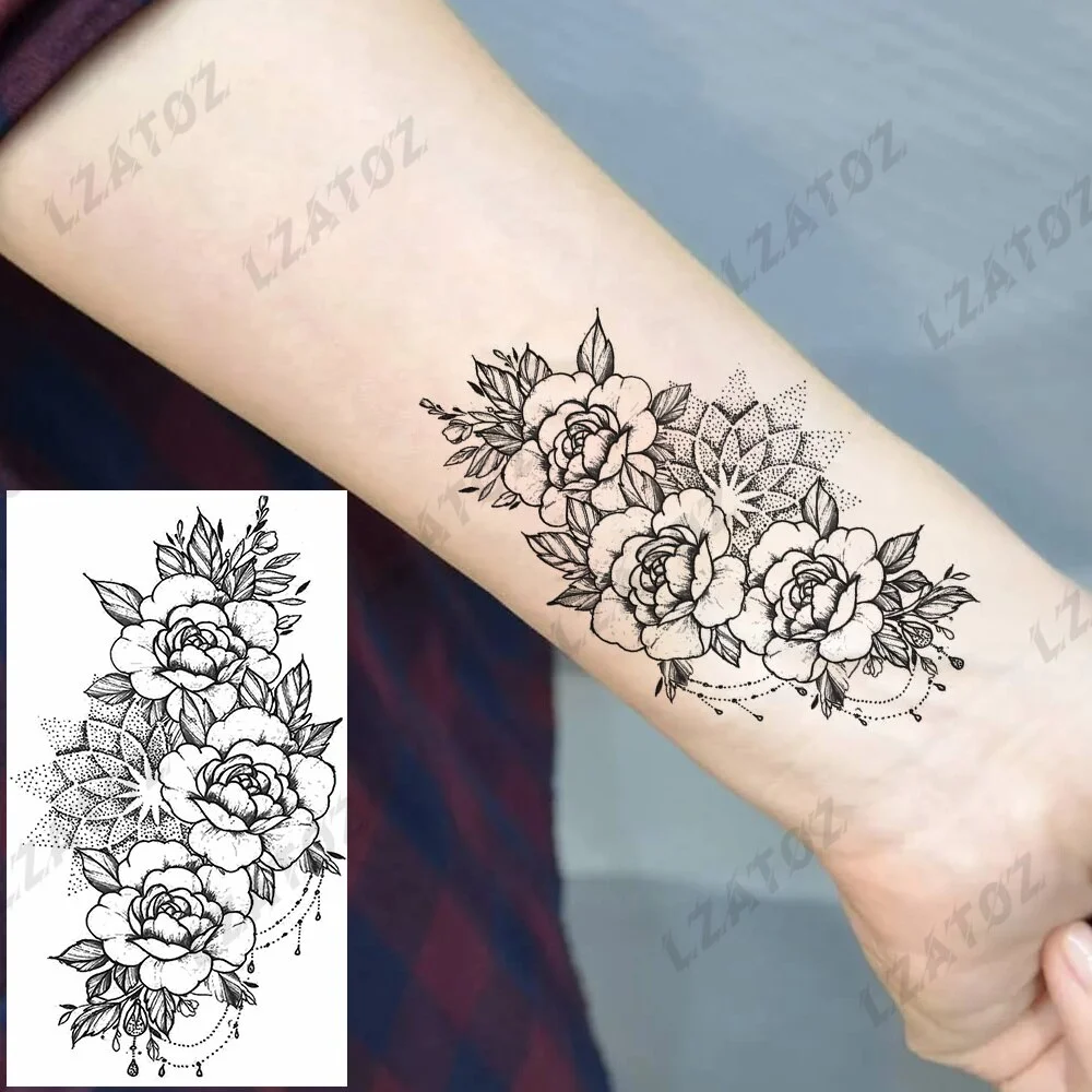 Sdrawing Rose Flower Temporary Tattoos For Woman Adults Realistic Compass Cross Fake Tatoos Sexy Waterproof Hand Tattoo Sticker