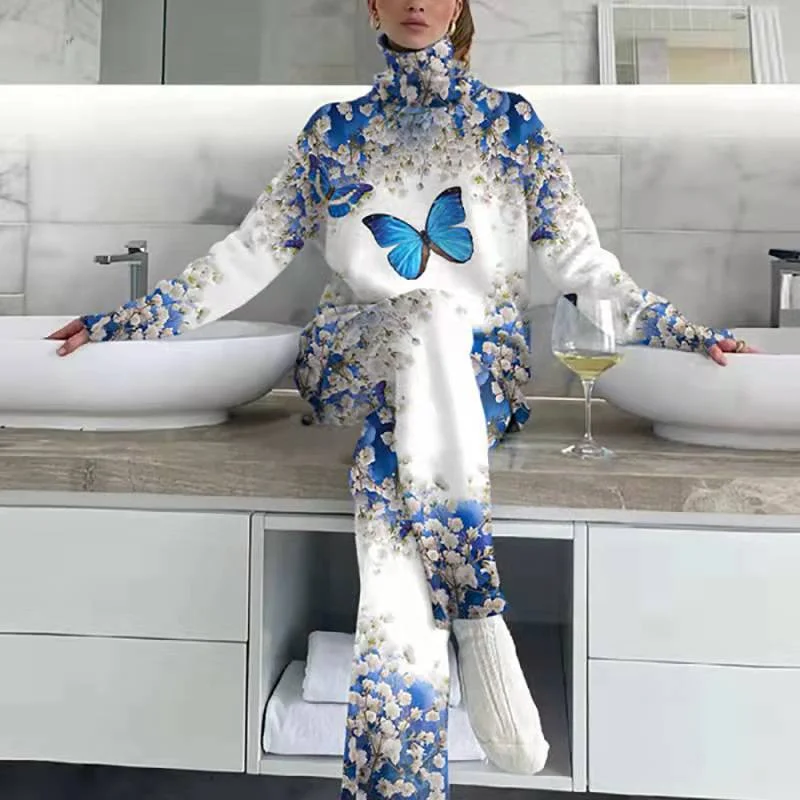 Femme Long Sleeve Top High Waist Pant Suit Elegant Women Turtleneck Print Casual Tracksuit 2022 Spring Autumn Loose Pant Suit